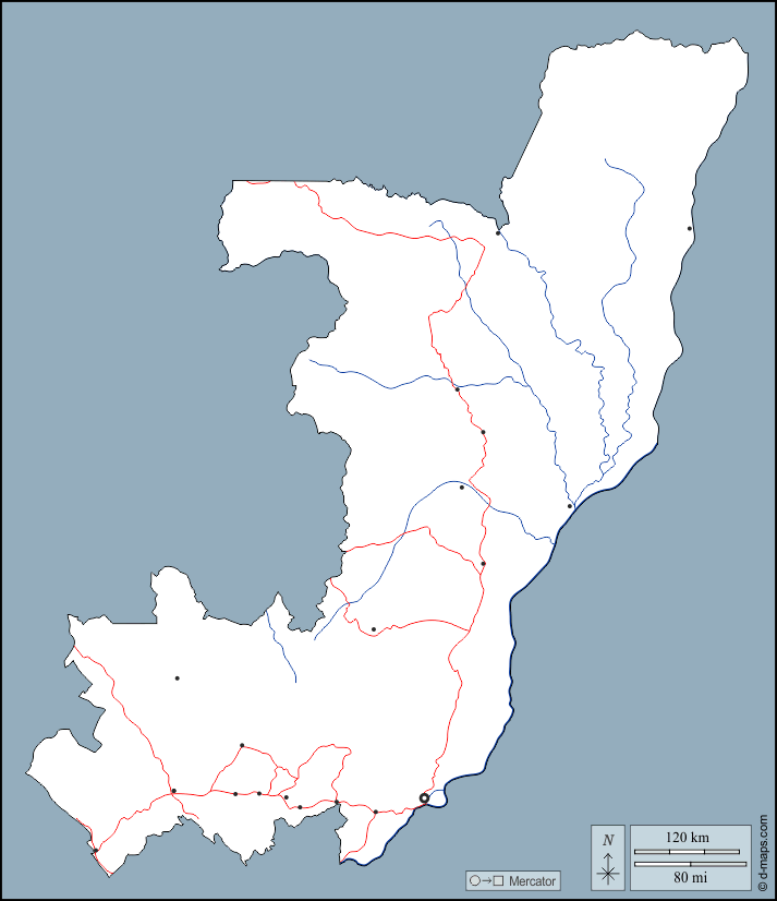 コンゴ, d-maps.com: 無料地図, 無料の空の地図, 無料のアウトラインマップ, 無料のベースマップ , 輪郭, 川と湖, 主要都市, 道路