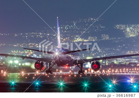 夜景に溶け込んで✨﻿ ﻿幻想的な空港夜景夜の空旅へライトアップ誰かに見せたい景色航空写真尾翼千里川土手滑走路滑走路灯飛行機写真夜景伊丹空港ボーイング737ヒコーキソラマニ_ヒコーキ次行きたい旅スポットb737itmnightview