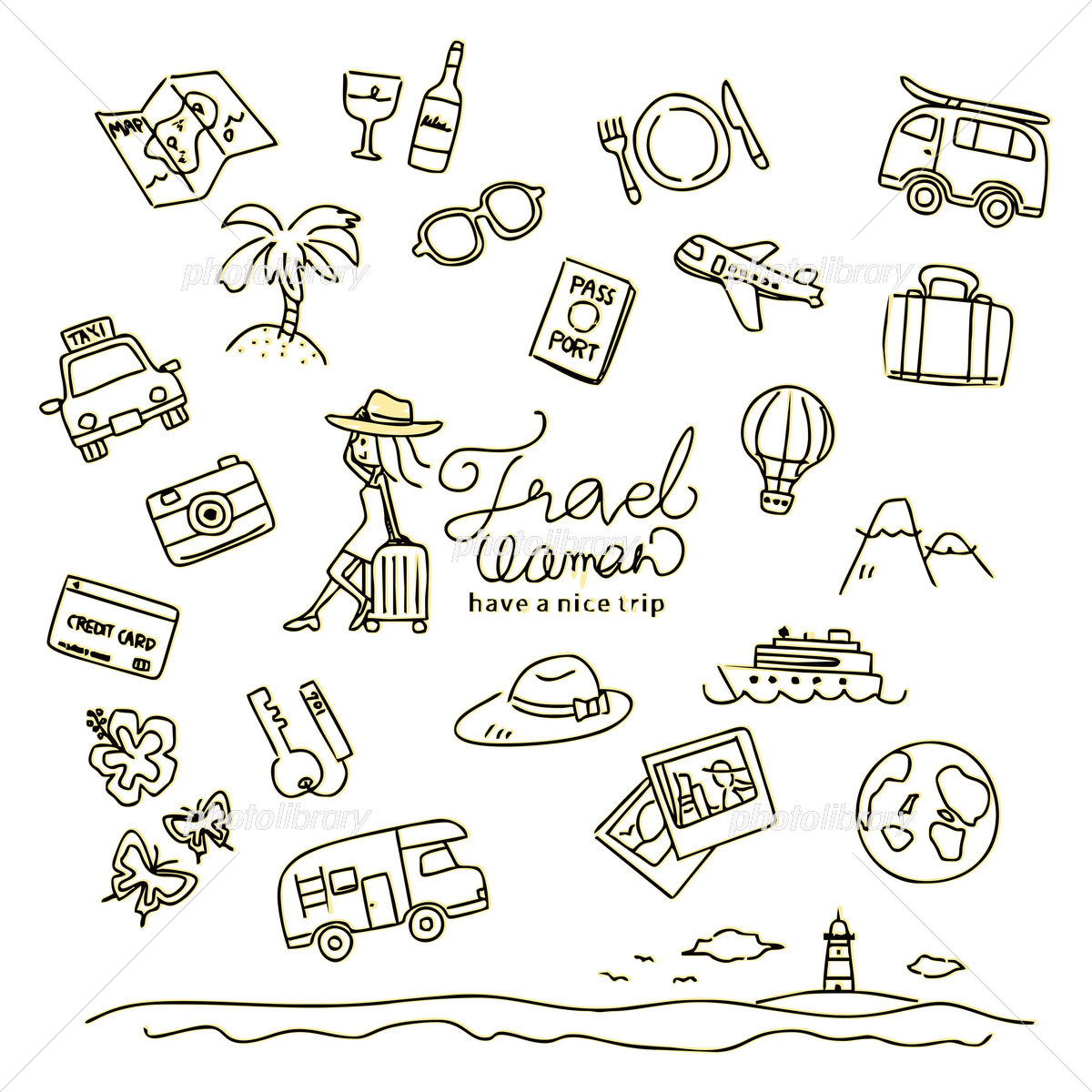 旅行の手書きのイラストのセット おしゃれ 旅 トラベル 観光 レジャー 夏 冬 かわいいのイラスト素材69305107- PIXTA