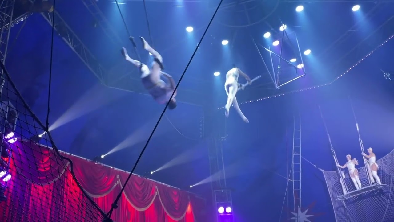 サーカスといえば！空中ブランコ！ 少しでもタイミングがずれたら落下してしまうギリギリのジャンプに瞬きも忘れてしまいます👀 ポップサーカスNo.2絶叫演目😱ポップサーカス神戸公演 2024.9.14-11.4 イオンモール神戸北 H駐車場 大テントポップサーカス神戸公演