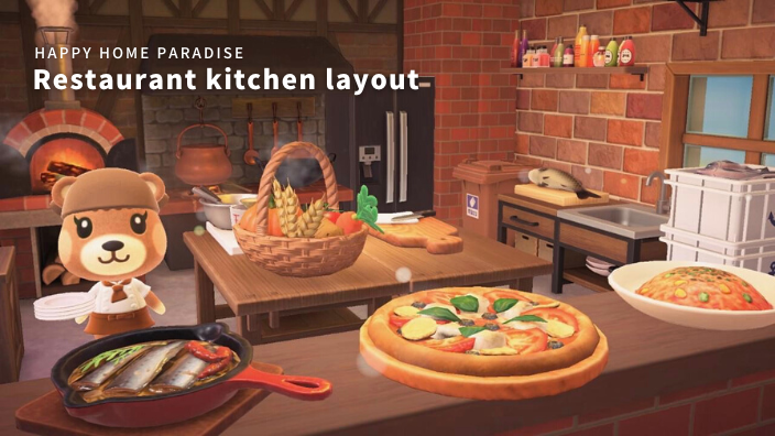 あつ森・ハピパラ レストランの調理場 厨房 のレイアウト～レンガ造りのおしゃれなキッチン～ - マイミーボックス myme box