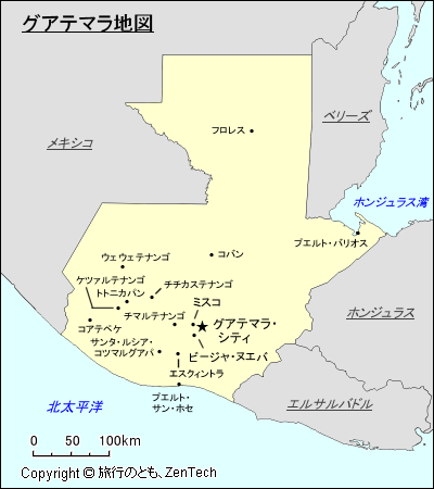 グアテマラ, d-maps.com: 無料地図, 無料の空の地図, 無料のアウトラインマップ, 無料のベースマップ , 境界, 主要都市, 道路, 名前